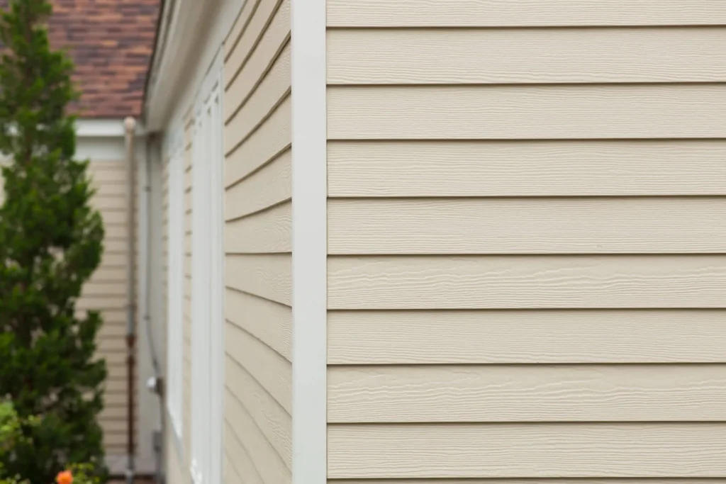 Residential house with beige vinyl siding and trim detailing