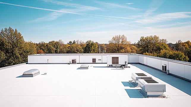 White flat rooftop with HVAC units under clear blue sky