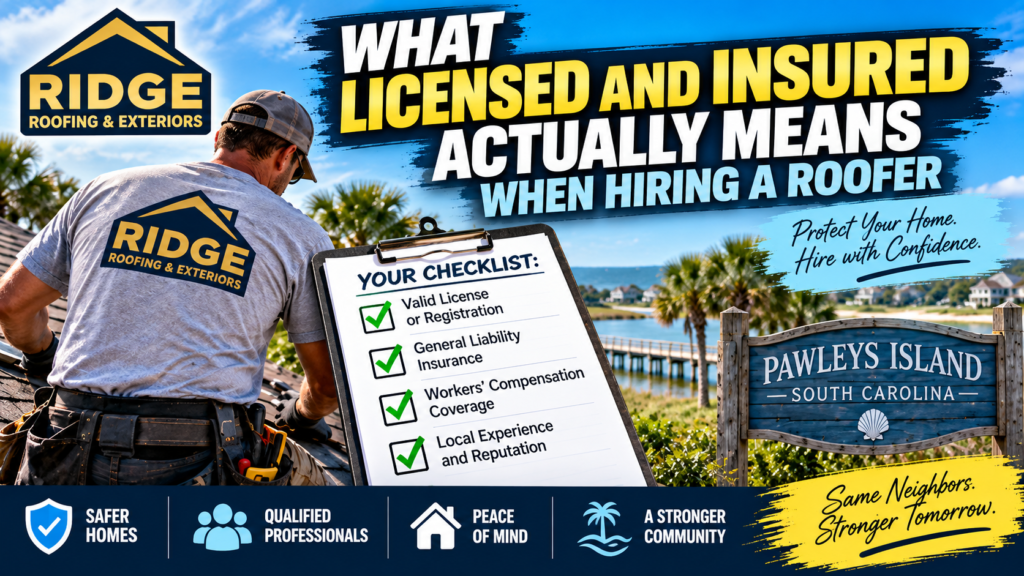 What does “licensed and insured” actually mean when hiring a roofer in Pawleys Island, SC? Learn how to verify contractor credentials, liability insurance, workers’ comp, permits, and roofing qualifications.