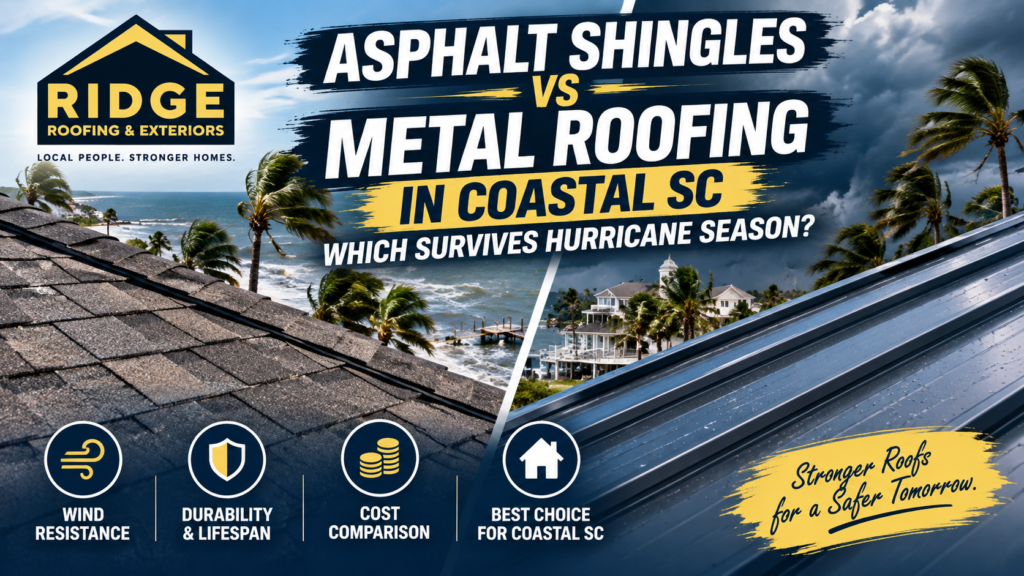 Asphalt shingles or metal roofing for coastal South Carolina? Compare hurricane performance, wind resistance, salt-air corrosion, lifespan, cost, repairs, and maintenance for Pawleys Island homes.