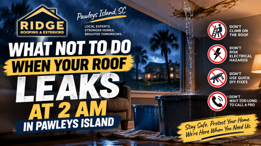 Roof leaking at 2 AM in Pawleys Island? Learn what not to do, how to limit water damage safely, when a leak is an emergency, and when to call a local roofing professional.