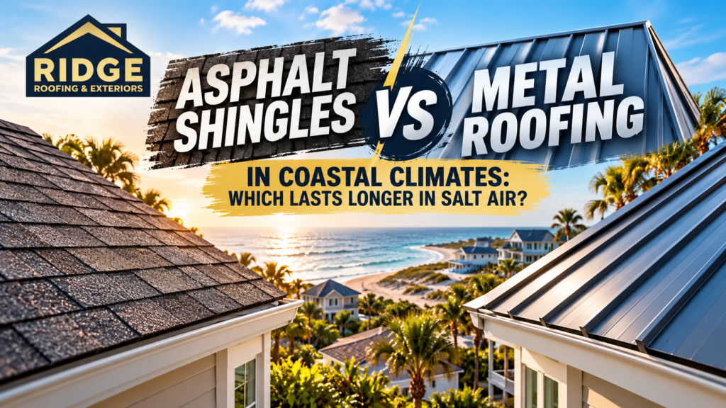 Compare asphalt shingles vs. metal roofing for Pawleys Island and coastal South Carolina. Learn which lasts longer in salt air, high winds, humidity, and storms.
